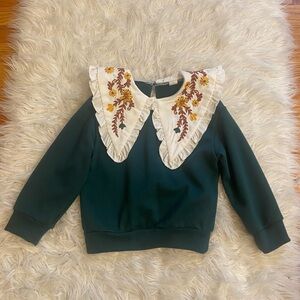 Green Sweater With Embroidered Peter Pan Collar.